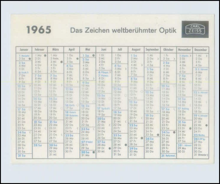 P3L28/ Zeiss Optik Kalender 1965 Optiker Gundlach Hamburg Bramfeld · Martin Bernhard 