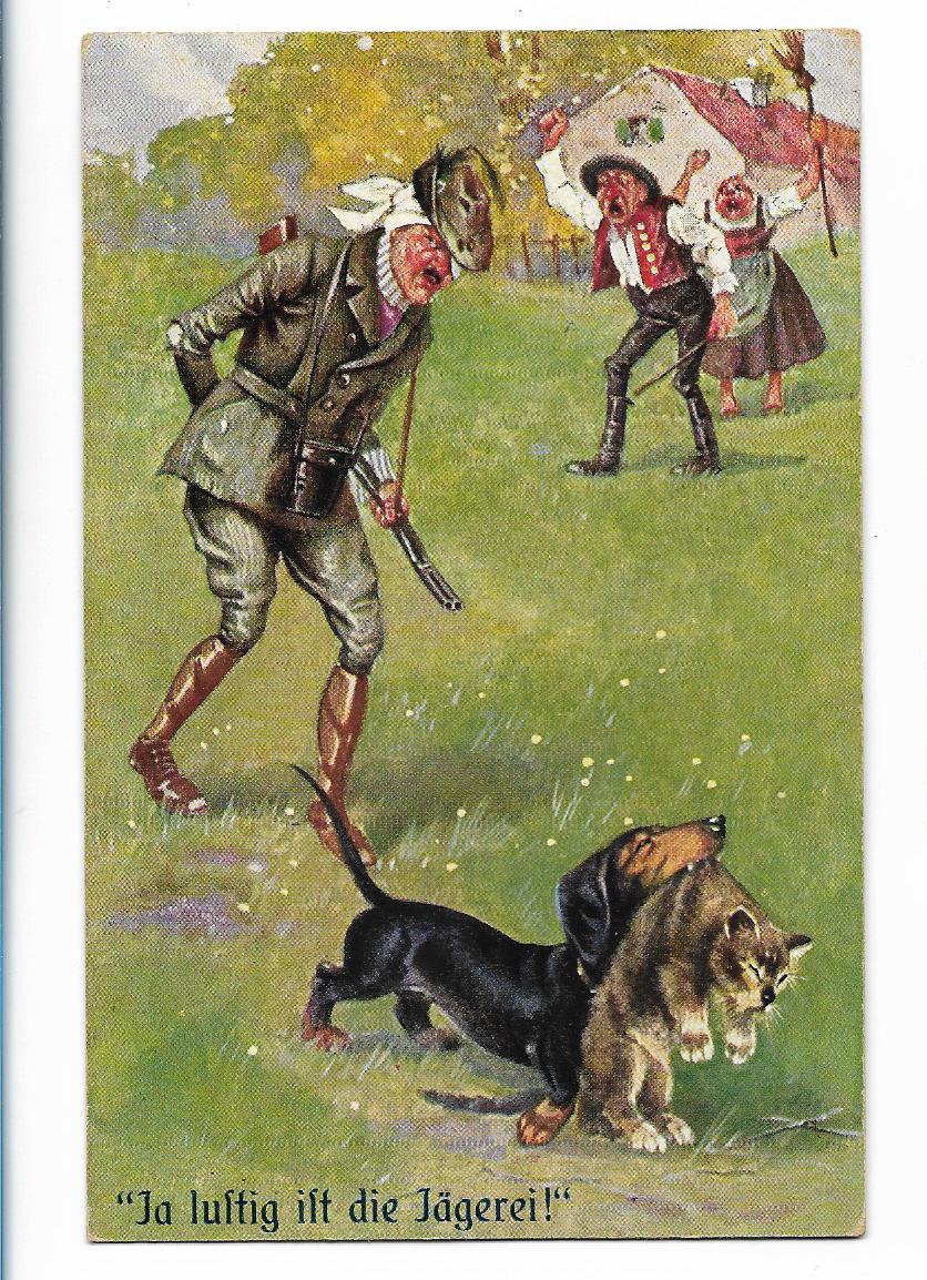 V3306/ Jagd Jäger Dackel fängt Katze Humor AK 1915 Dachshund · Martin